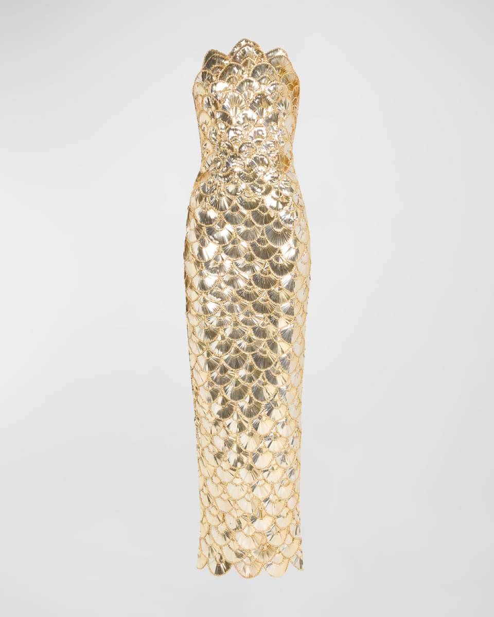 Strapless Sequined Scallop Column Gown